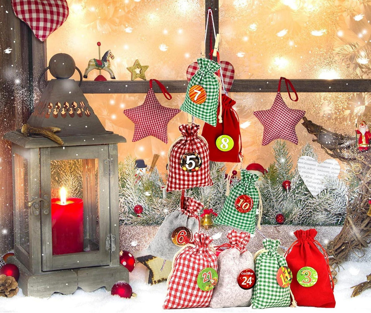 Advent Calendar to Fill – 24 XXL Fabric Bags, Reusable Set with Numbers, Clips & 13 ft Cord
