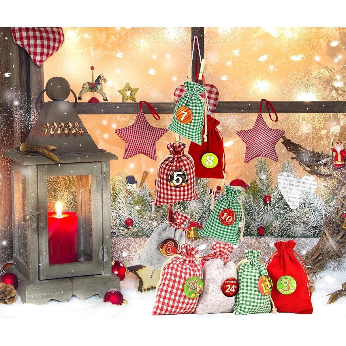 Advent Calendar to Fill – 24 XXL Fabric Bags, Reusable Set with Numbers, Clips & 13 ft Cord