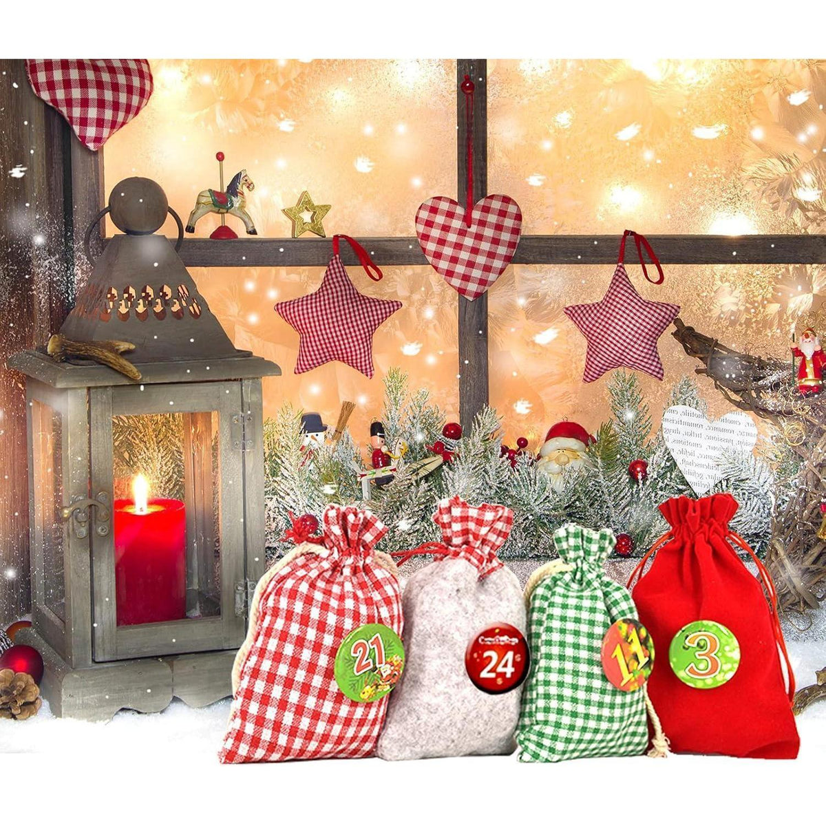 Advent Calendar to Fill – 24 XXL Fabric Bags, Reusable Set with Numbers, Clips & 13 ft Cord