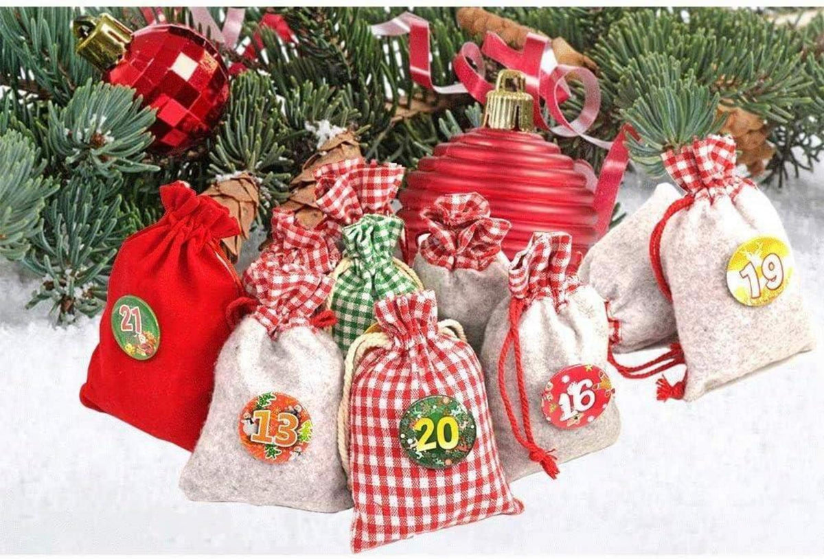 Advent Calendar to Fill – 24 XXL Fabric Bags, Reusable Set with Numbers, Clips & 13 ft Cord