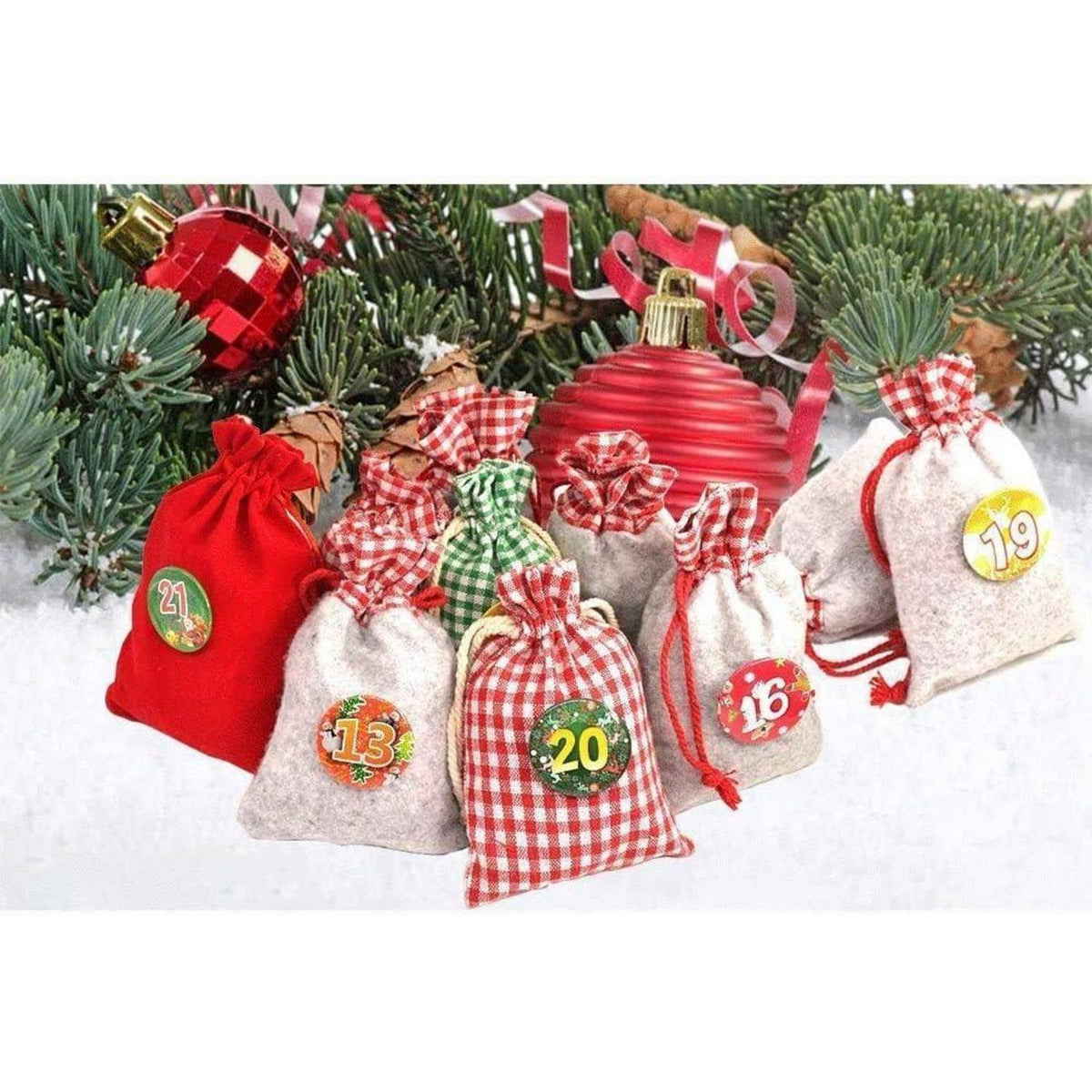 Advent Calendar to Fill – 24 XXL Fabric Bags, Reusable Set with Numbers, Clips & 13 ft Cord