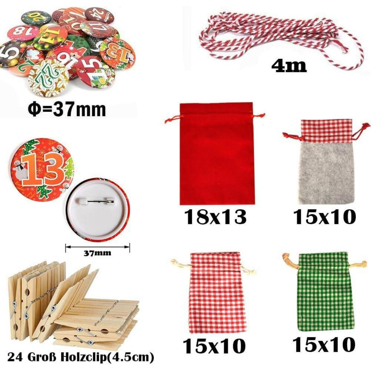 Advent Calendar to Fill – 24 XXL Fabric Bags, Reusable Set with Numbers, Clips & 13 ft Cord