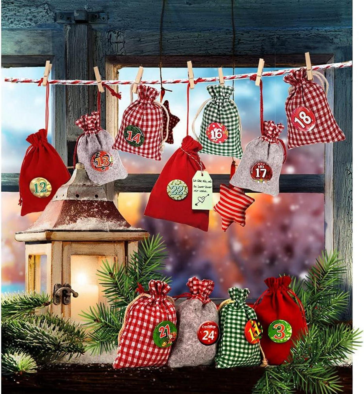 Advent Calendar to Fill – 24 XXL Fabric Bags, Reusable Set with Numbers, Clips & 13 ft Cord