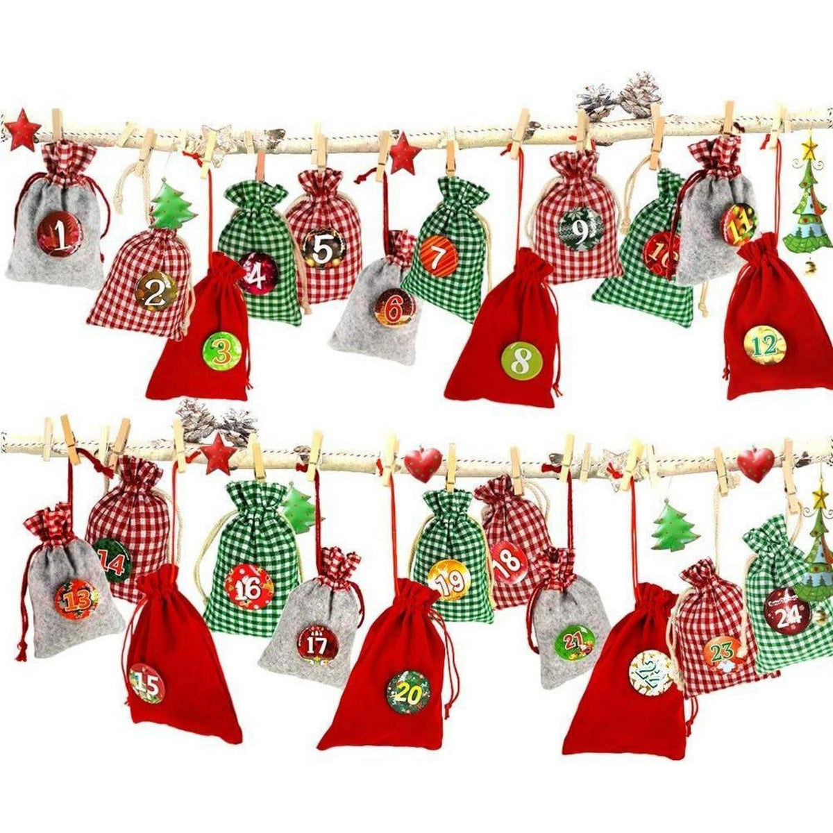 Advent Calendar to Fill – 24 XXL Fabric Bags, Reusable Set with Numbers, Clips & 13 ft Cord