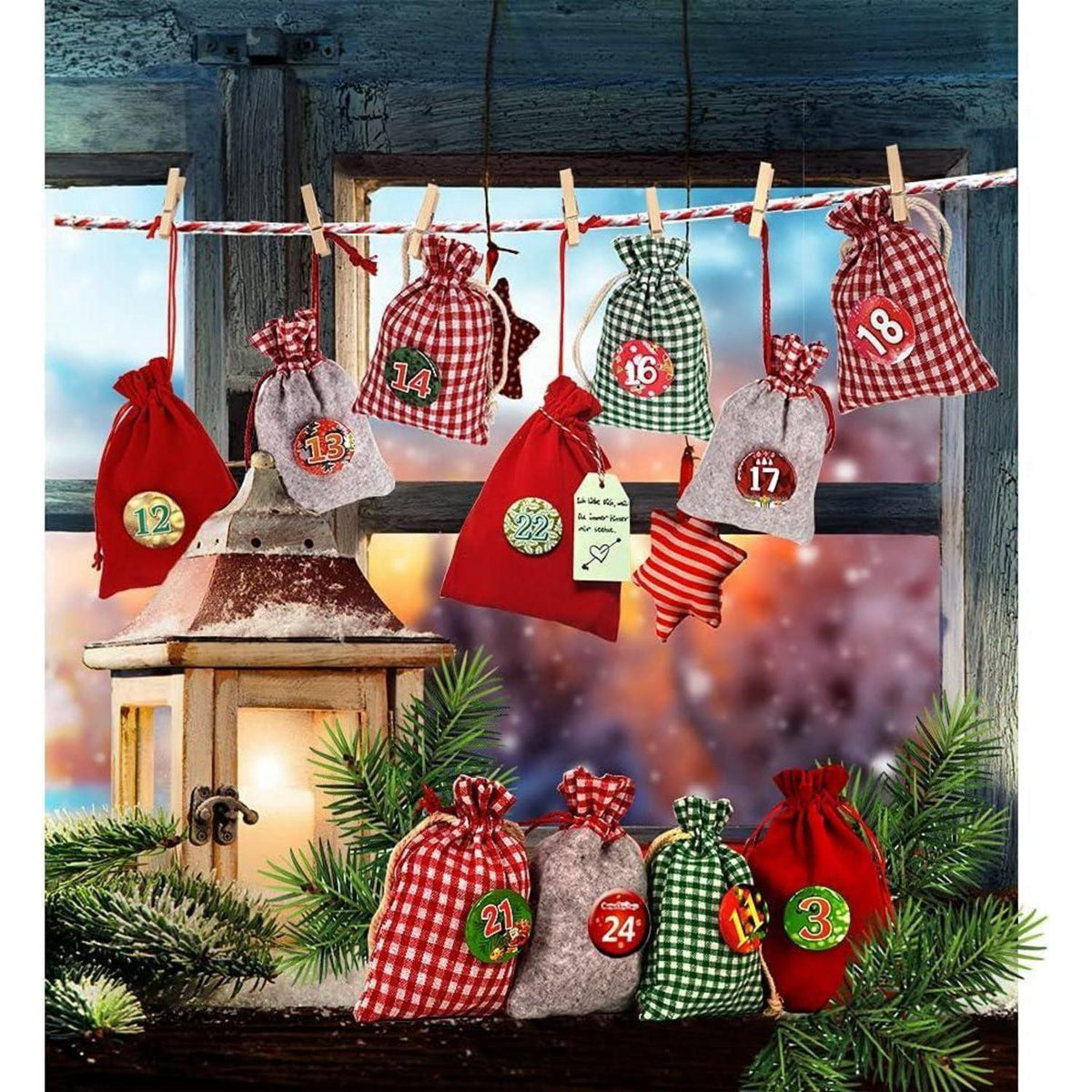 Advent Calendar to Fill – 24 XXL Fabric Bags, Reusable Set with Numbers, Clips & 13 ft Cord