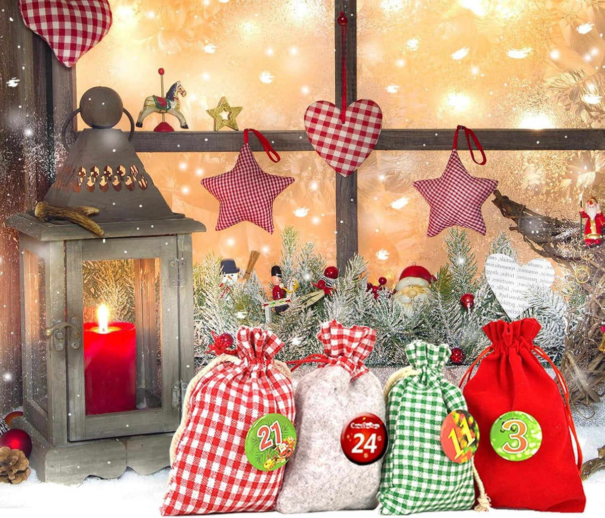 Advent Calendar to Fill – 24 XXL Fabric Bags, Reusable Set with Numbers, Clips & 13 ft Cord