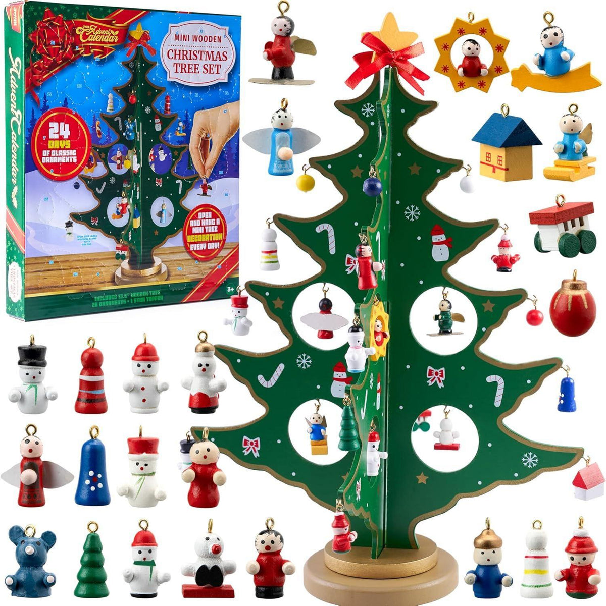 Advent Calendar with Wooden Christmas Tree – 24-Day Countdown, 28 Ornaments & Star Topper for Kids