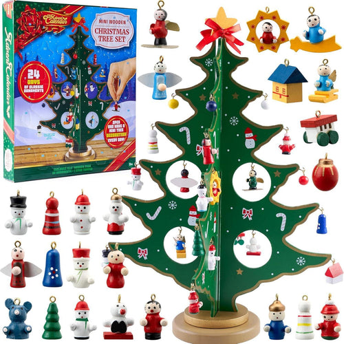 Advent Calendar with Wooden Christmas Tree – 24-Day Countdown, 28 Ornaments & Star Topper for Kids