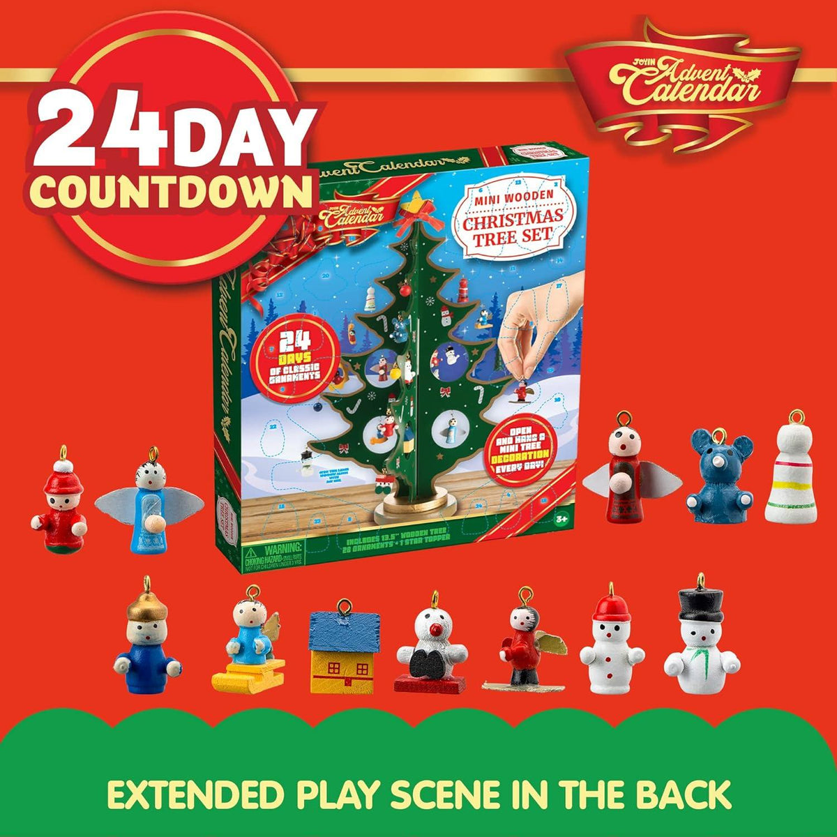 Advent Calendar with Wooden Christmas Tree – 24-Day Countdown, 28 Ornaments & Star Topper for Kids