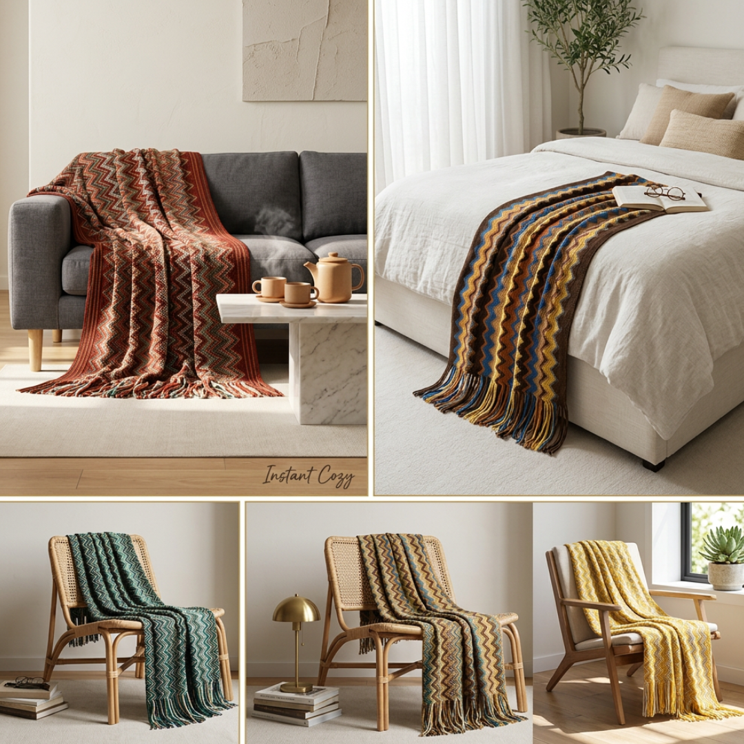 Bohemian Knitted Throw – Tassel Blanket with Chevron Pattern