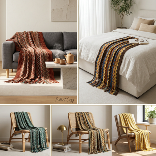 Bohemian Knitted Throw – Tassel Blanket with Chevron Pattern