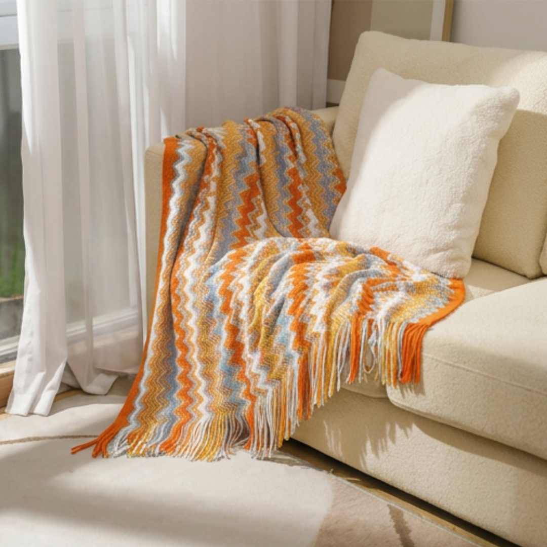 Bohemian Knitted Throw – Tassel Blanket with Chevron Pattern