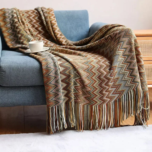 Bohemian Knitted Throw – Tassel Blanket with Chevron Pattern