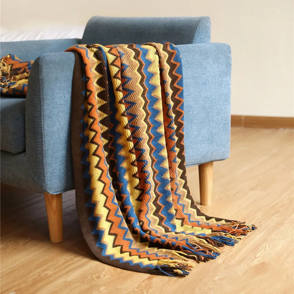 Bohemian Knitted Throw – Tassel Blanket with Chevron Pattern