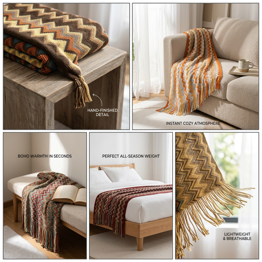 Bohemian Knitted Throw – Tassel Blanket with Chevron Pattern