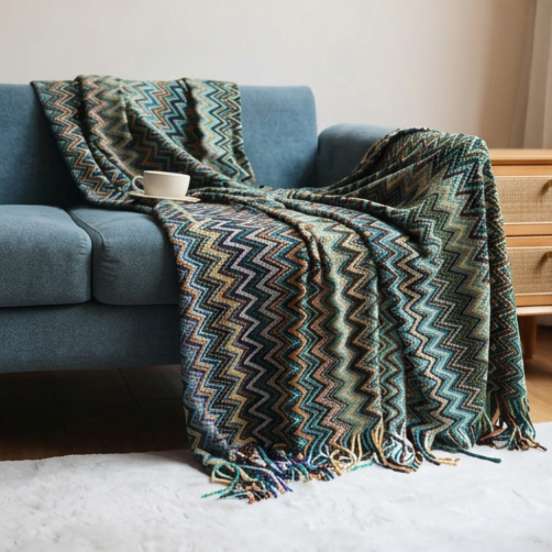 Bohemian Knitted Throw – Tassel Blanket with Chevron Pattern