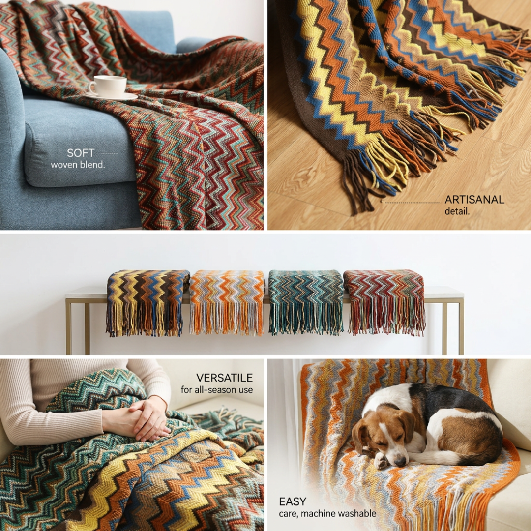 Bohemian Knitted Throw – Tassel Blanket with Chevron Pattern