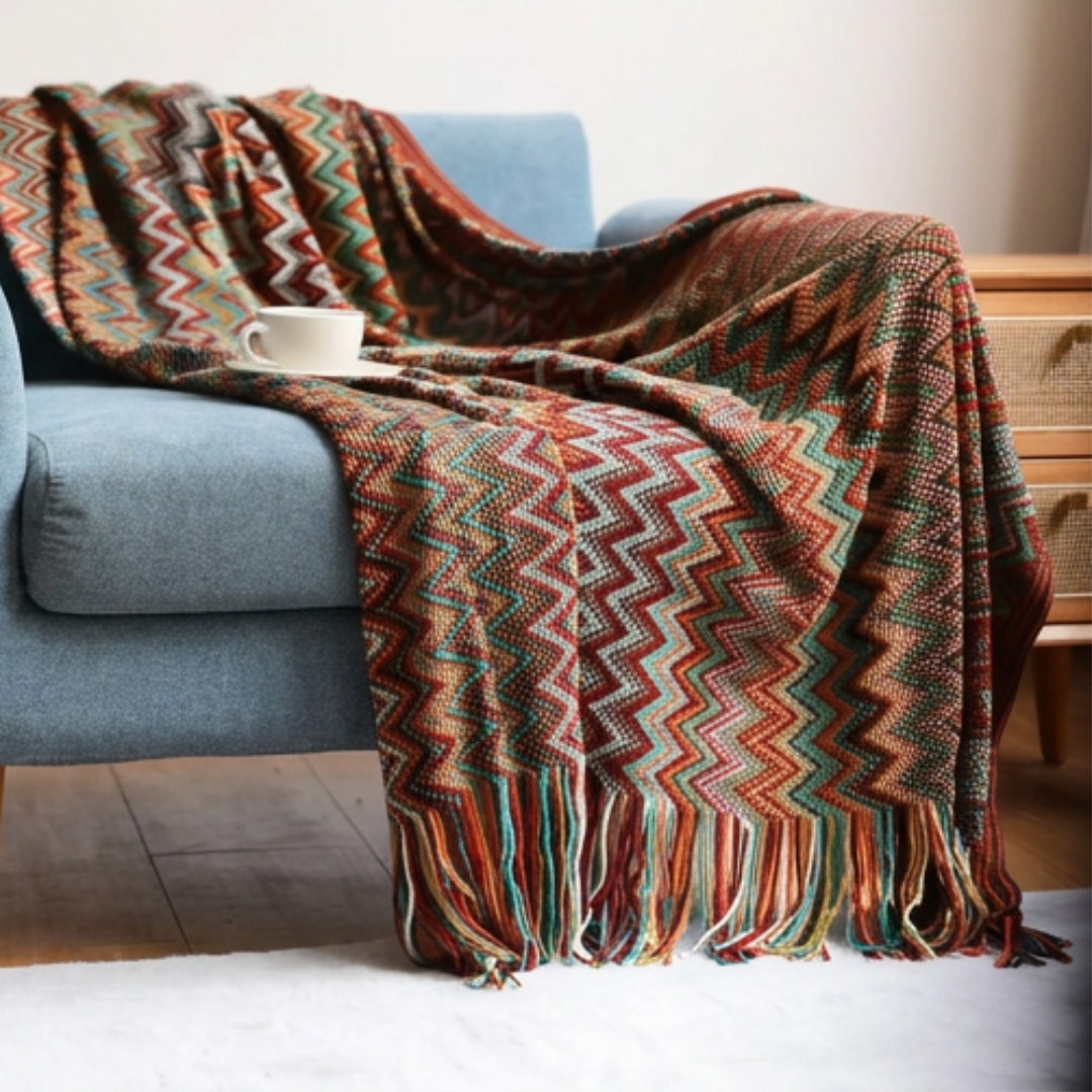 Bohemian Knitted Throw – Tassel Blanket with Chevron Pattern