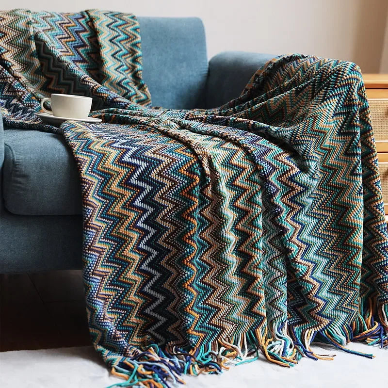 Bohemian Knitted Throw – Tassel Blanket with Chevron Pattern