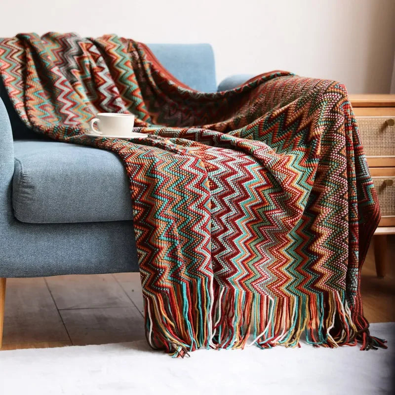 Bohemian Knitted Throw – Tassel Blanket with Chevron Pattern