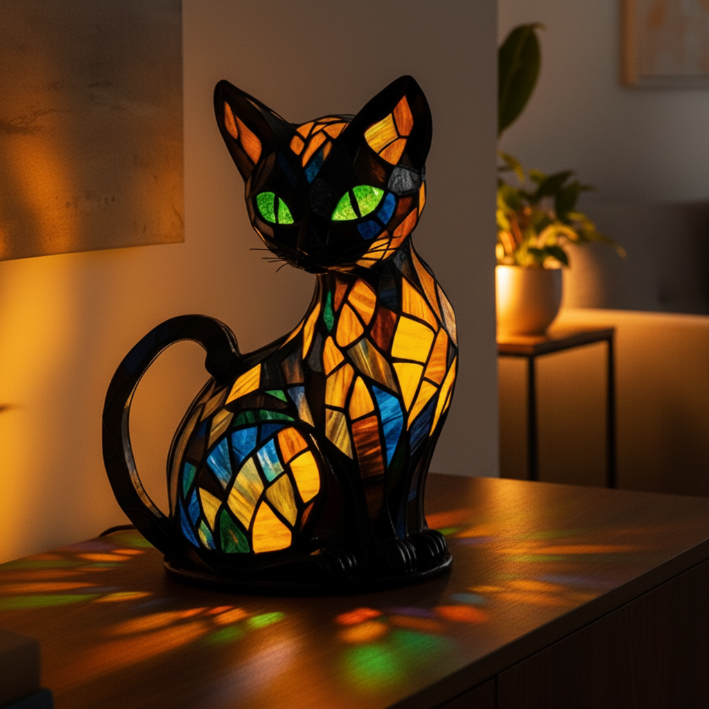 Cat Night Light – Stained-Glass Effect Table Lamp