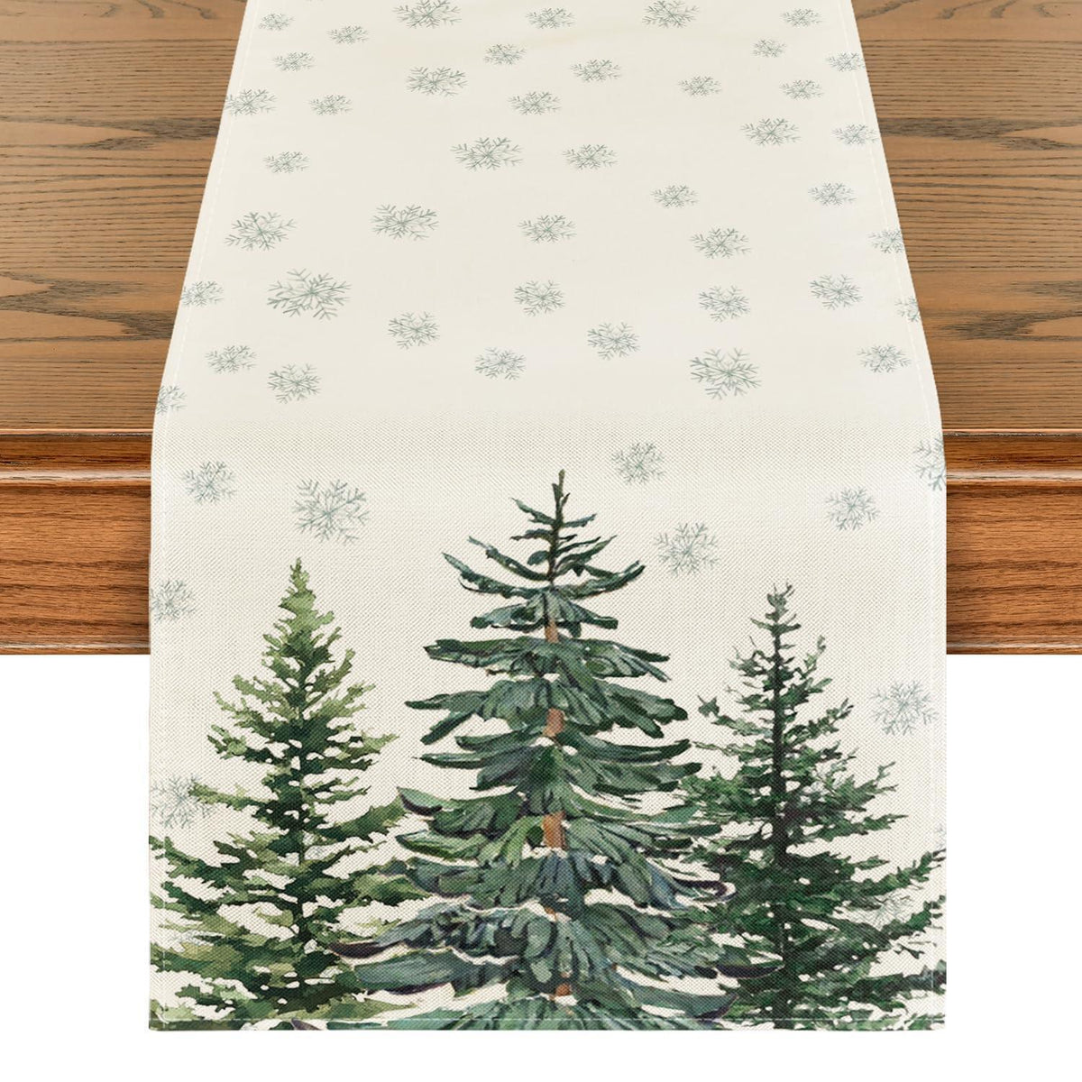 Christmas Table Runner – Beige, 16 x 71 in (40 x 180 cm), Pine & Snowflake Design, Washable