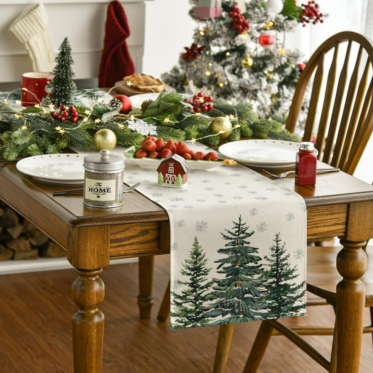Christmas Table Runner – Beige, 16 x 71 in (40 x 180 cm), Pine & Snowflake Design, Washable