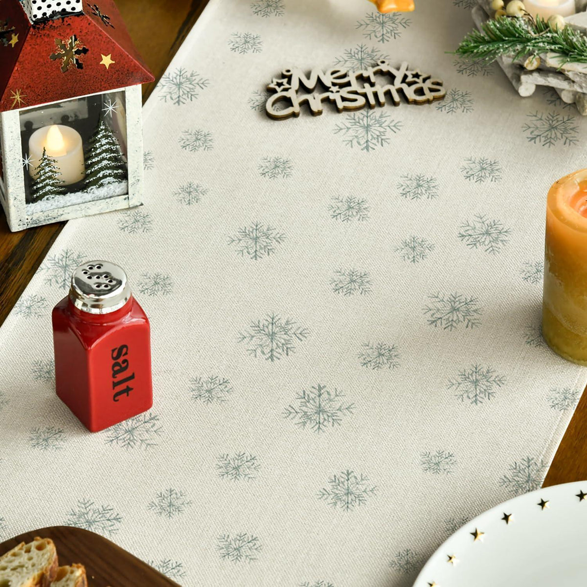 Christmas Table Runner – Beige, 16 x 71 in (40 x 180 cm), Pine & Snowflake Design, Washable