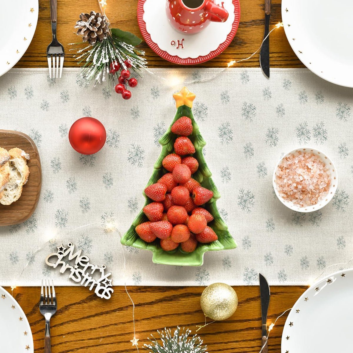 Christmas Table Runner – Beige, 16 x 71 in (40 x 180 cm), Pine & Snowflake Design, Washable