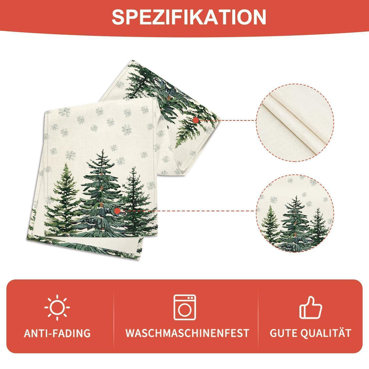 Christmas Table Runner – Beige, 16 x 71 in (40 x 180 cm), Pine & Snowflake Design, Washable