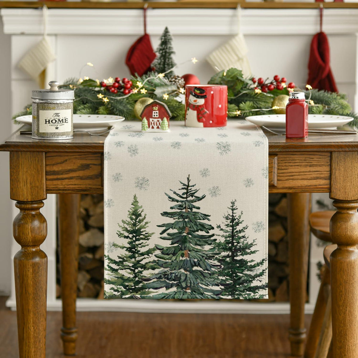 Christmas Table Runner – Beige, 16 x 71 in (40 x 180 cm), Pine & Snowflake Design, Washable