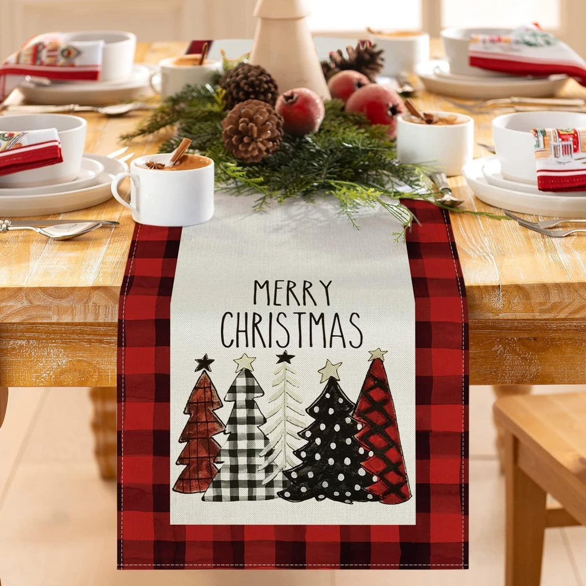 Christmas Table Runner – Red, 71 x 13 in (180 x 33 cm), Christmas Tree Design, Linen-Look