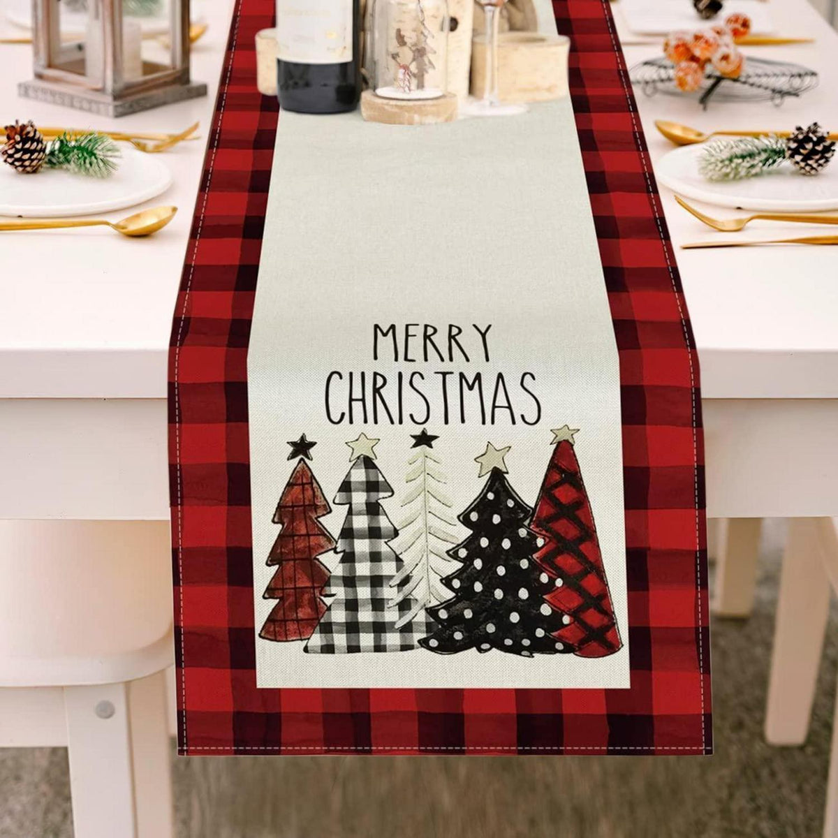Christmas Table Runner – Red, 71 x 13 in (180 x 33 cm), Christmas Tree Design, Linen-Look