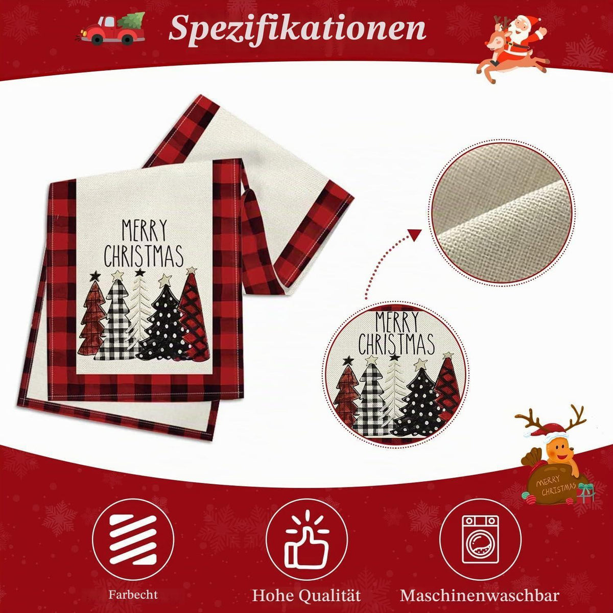 Christmas Table Runner – Red, 71 x 13 in (180 x 33 cm), Christmas Tree Design, Linen-Look