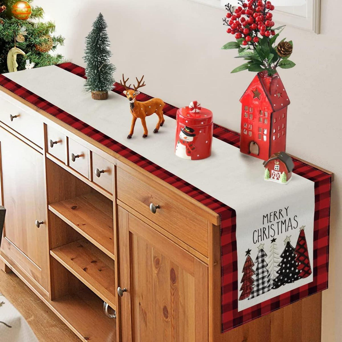 Christmas Table Runner – Red, 71 x 13 in (180 x 33 cm), Christmas Tree Design, Linen-Look