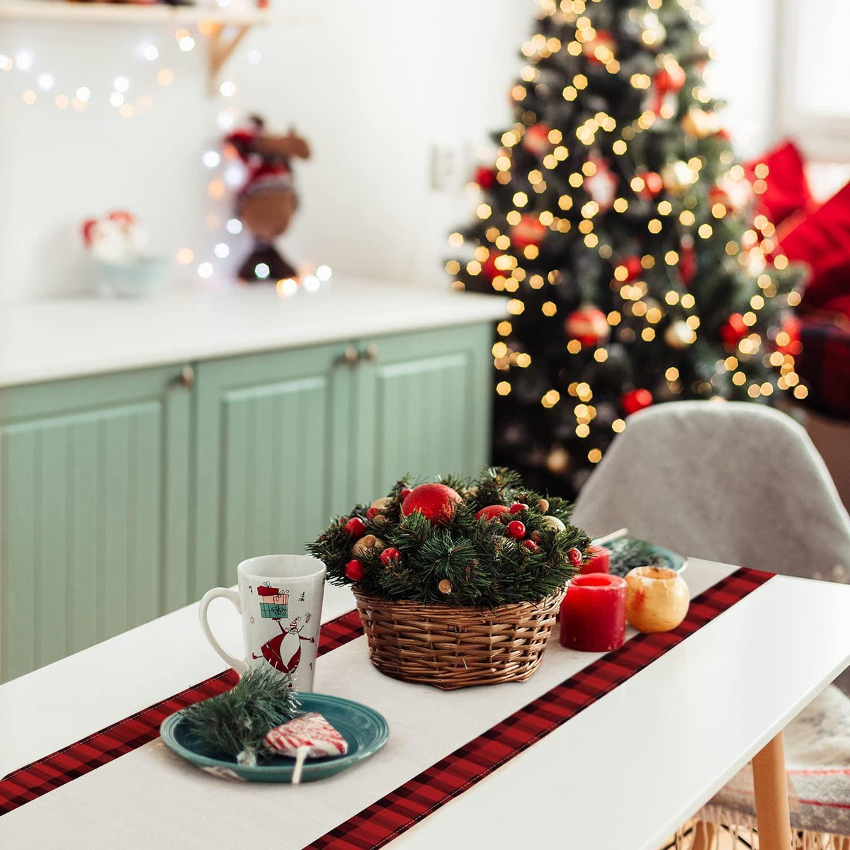 Christmas Table Runner – Red, 71 x 13 in (180 x 33 cm), Christmas Tree Design, Linen-Look