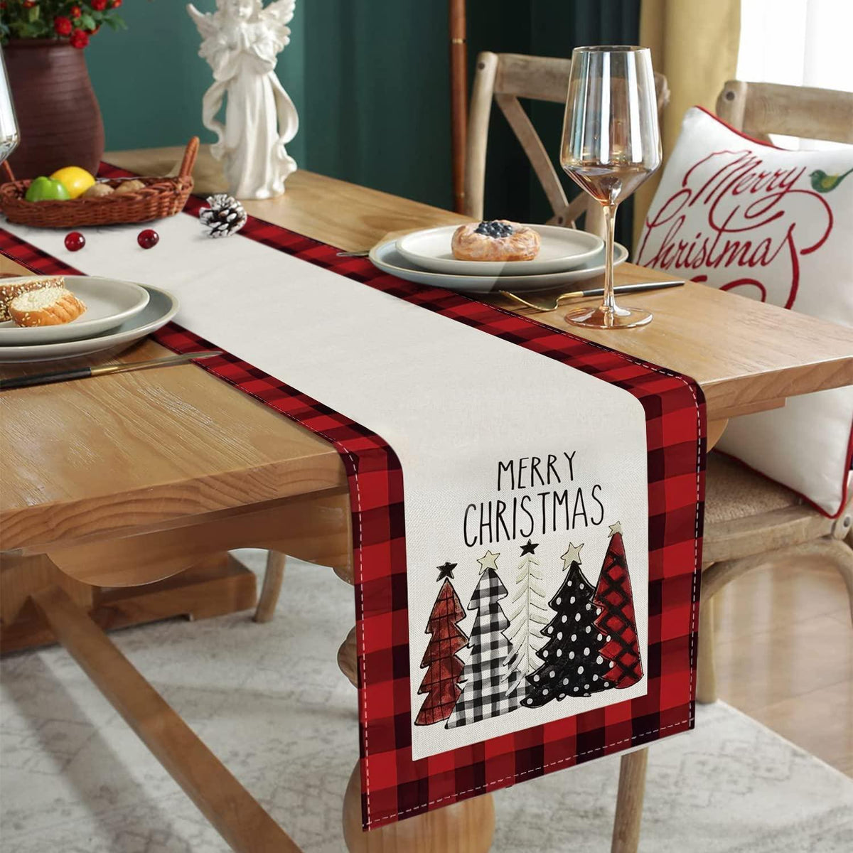 Christmas Table Runner – Red, 71 x 13 in (180 x 33 cm), Christmas Tree Design, Linen-Look