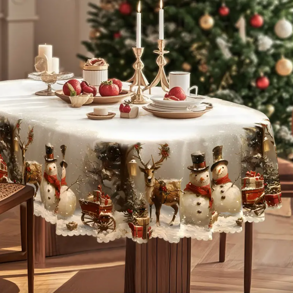 Christmas Tablecloth – Snowman & Reindeer, Machine Washable