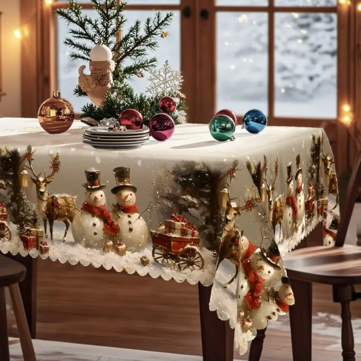 Christmas Tablecloth – Snowman & Reindeer, Machine Washable