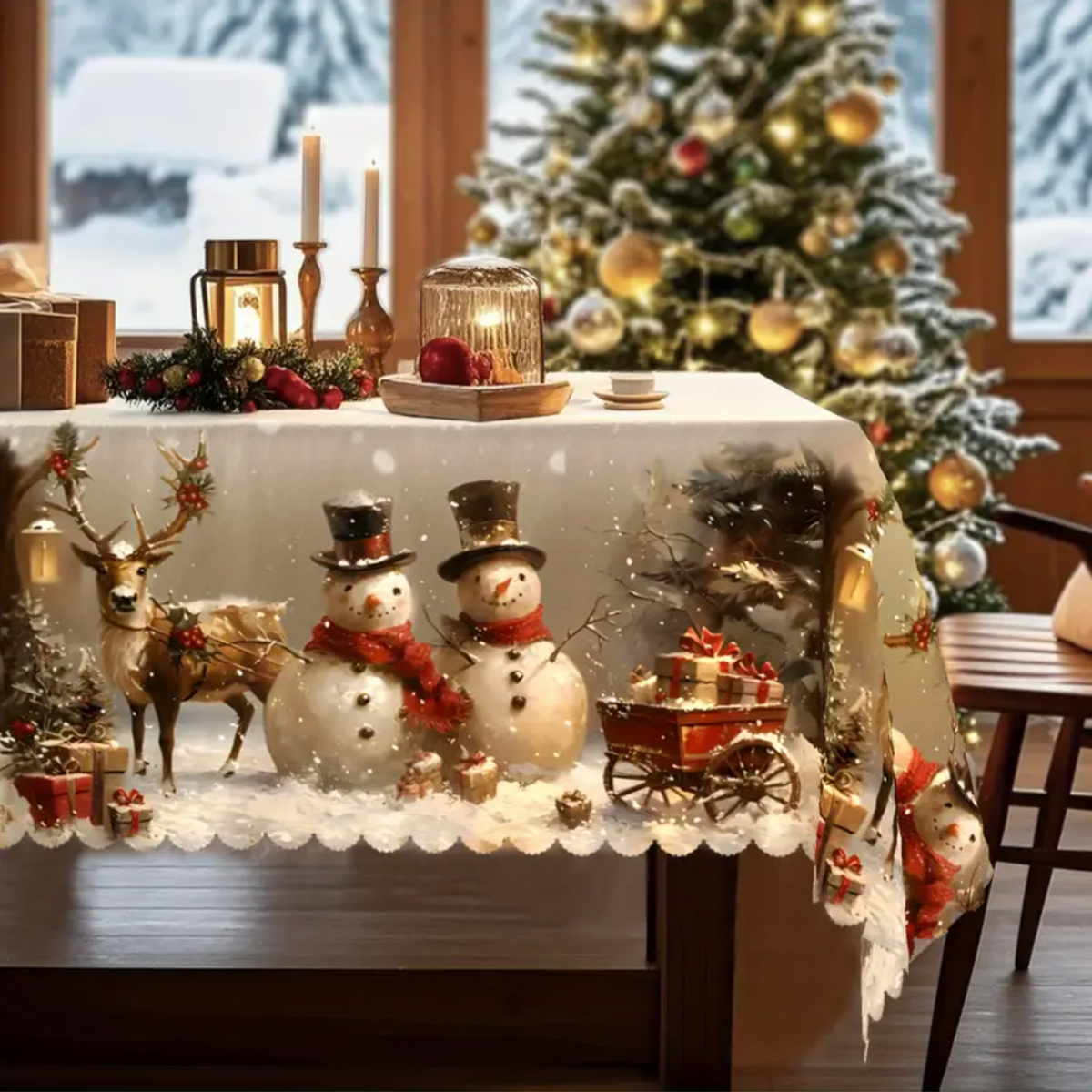 Christmas Tablecloth – Snowman & Reindeer, Machine Washable
