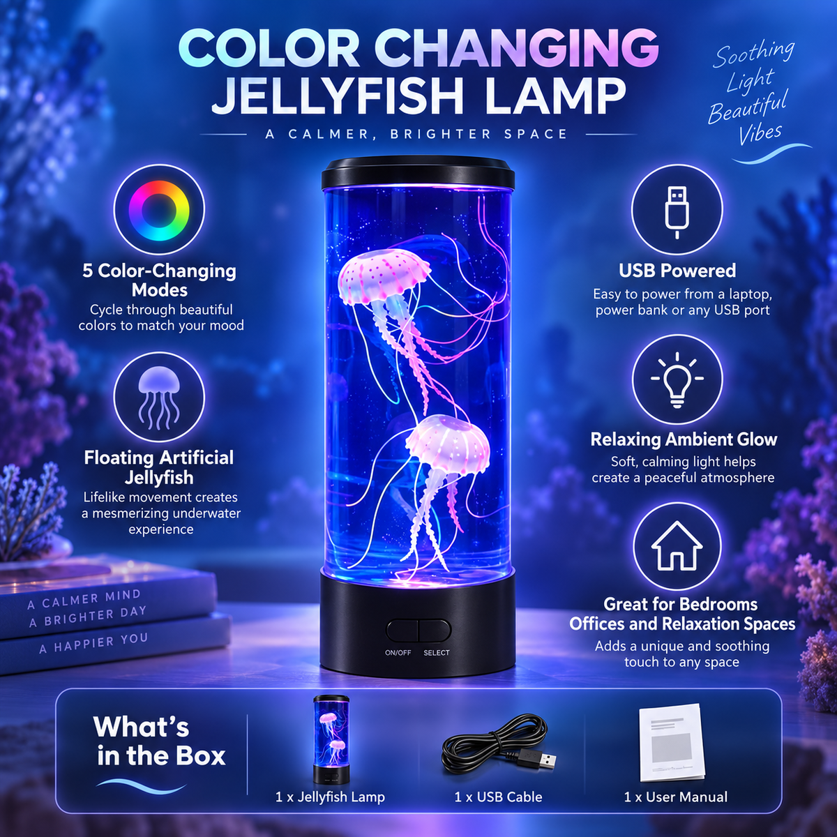 Colour-changing jellyfish lamp USB mood light