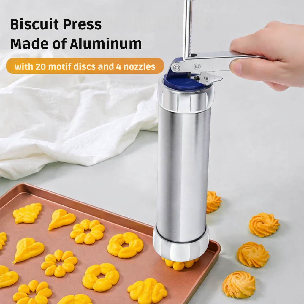 Cookie Press – Aluminium Dough Press with 20 Discs & 4 Nozzles