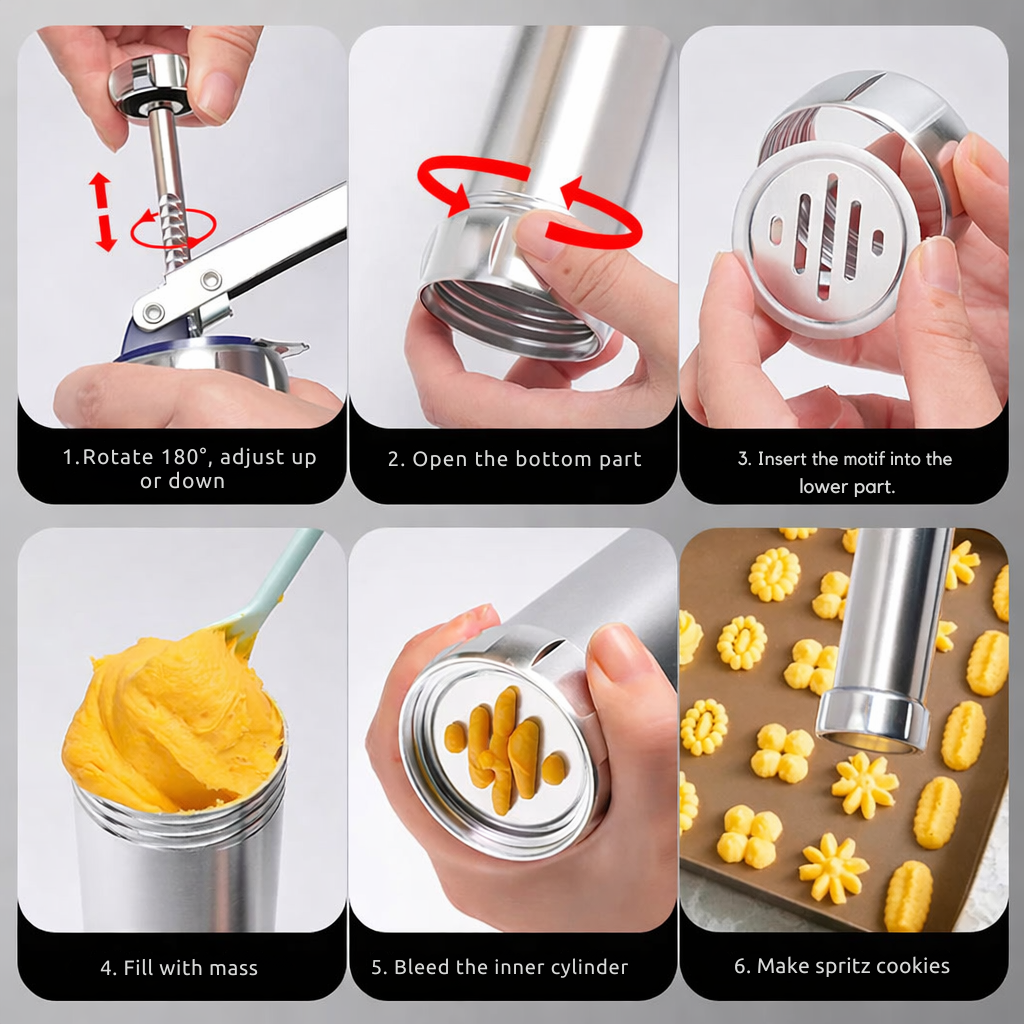 Cookie Press – Aluminium Dough Press with 20 Discs & 4 Nozzles