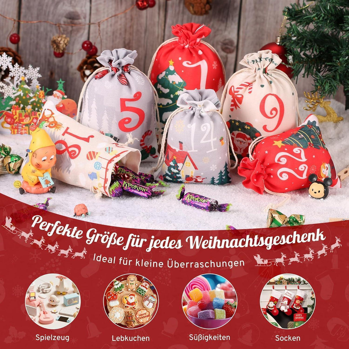DIY Advent Calendar to Fill – 24 Cloth Bags in 2 Sizes, Red Gray & Beige, Wooden Clips and Twine