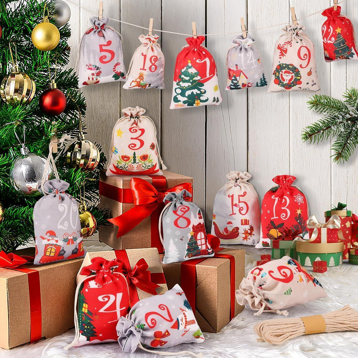 DIY Advent Calendar to Fill – 24 Cloth Bags in 2 Sizes, Red Gray & Beige, Wooden Clips and Twine