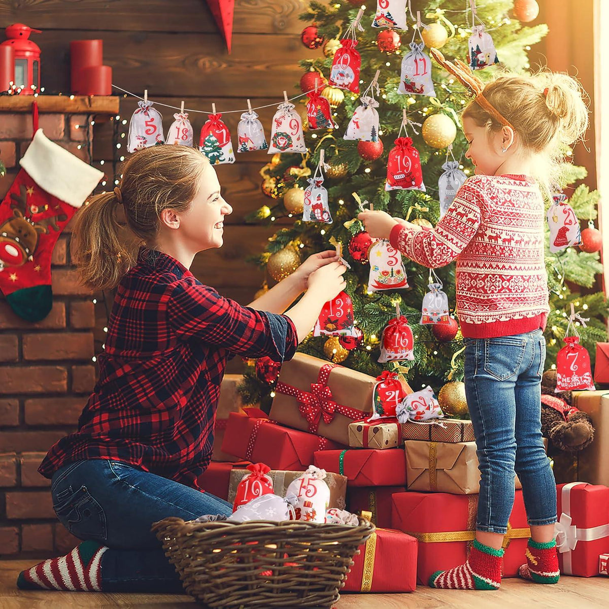 DIY Advent Calendar to Fill – 24 Cloth Bags in 2 Sizes, Red Gray & Beige, Wooden Clips and Twine
