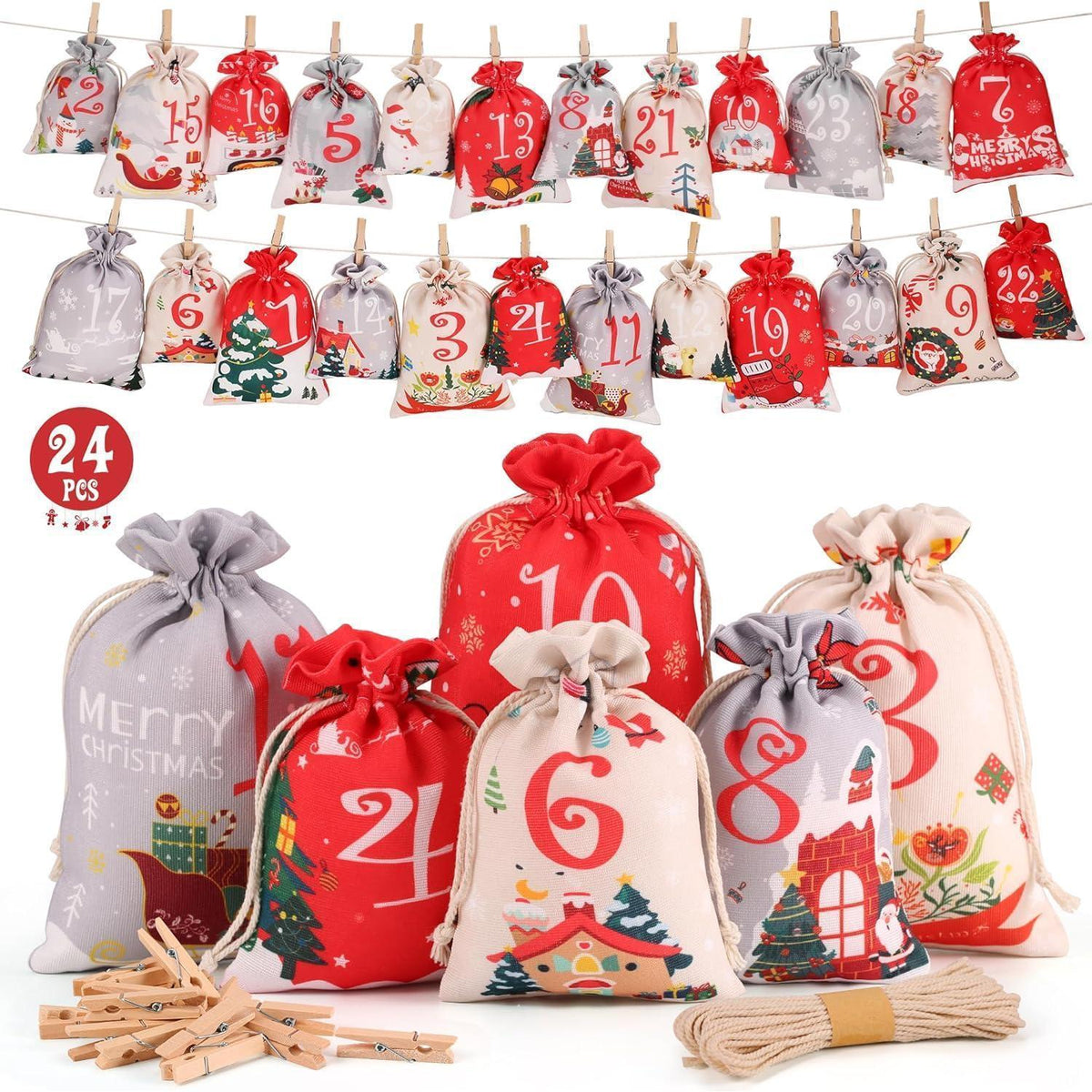DIY Advent Calendar to Fill – 24 Cloth Bags in 2 Sizes, Red Gray & Beige, Wooden Clips and Twine