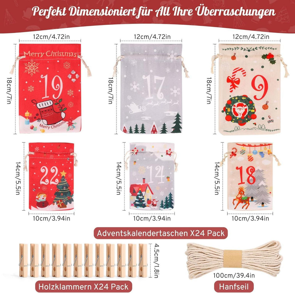 DIY Advent Calendar to Fill – 24 Cloth Bags in 2 Sizes, Red Gray & Beige, Wooden Clips and Twine