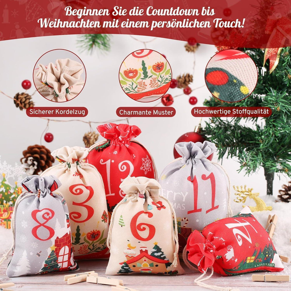 DIY Advent Calendar to Fill – 24 Cloth Bags in 2 Sizes, Red Gray & Beige, Wooden Clips and Twine