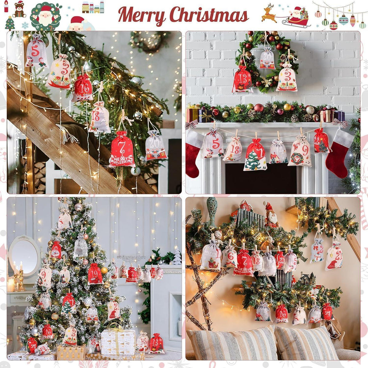 DIY Advent Calendar to Fill – 24 Cloth Bags in 2 Sizes, Red Gray & Beige, Wooden Clips and Twine